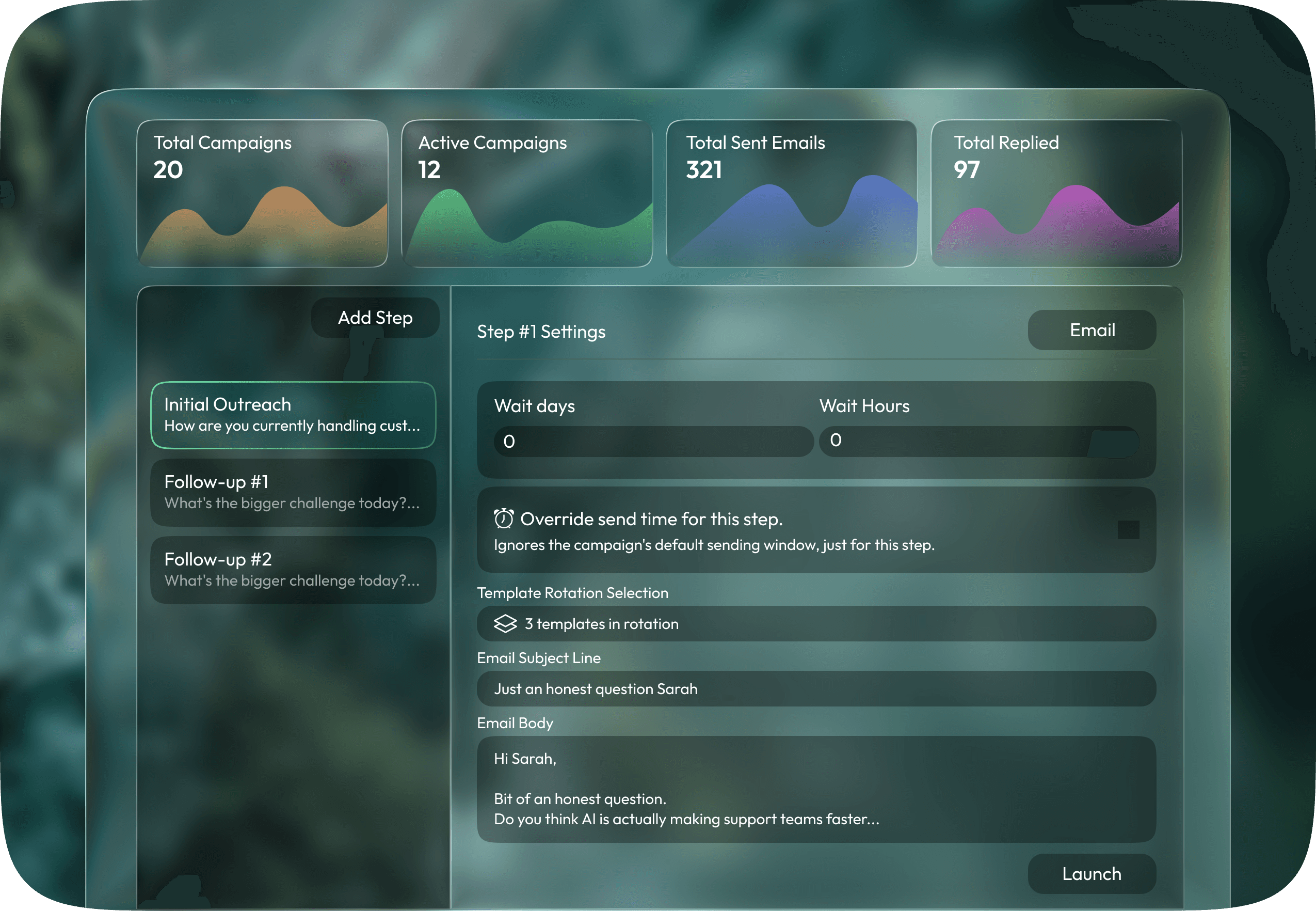 Campaign sequence builder showing Initial Outreach and Follow-up steps with email body and launch settings